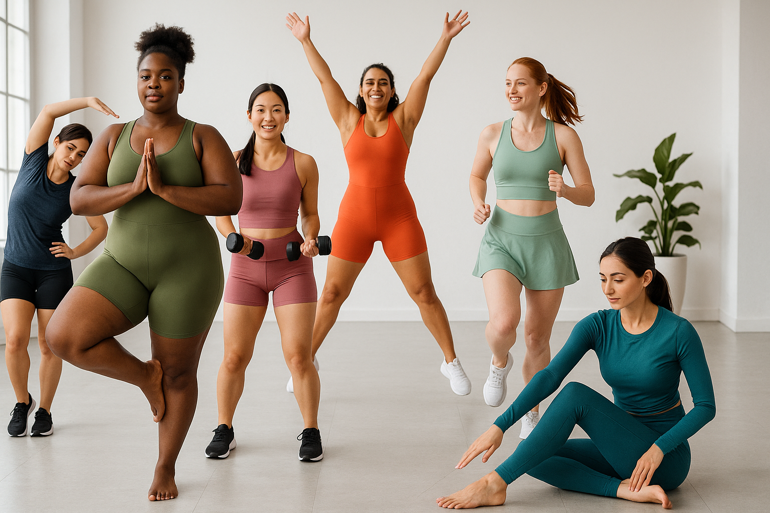 fitness model women doing different kinds of physical exercises. models of every race and size. make some wear full body rompers, some wear a two piece tennis dress, some wear two piece tight short and top, some wear leggings and long sleeve tops, some short sleeves